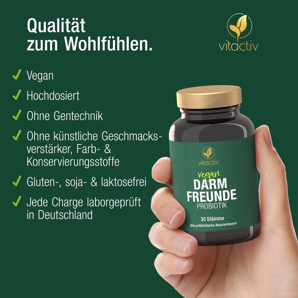 Hand hält Flasche vitactiv Vegan Darm Freunde Probiotik. Text: Vegan, hochdosiert, ohne Gentechnik, etc.