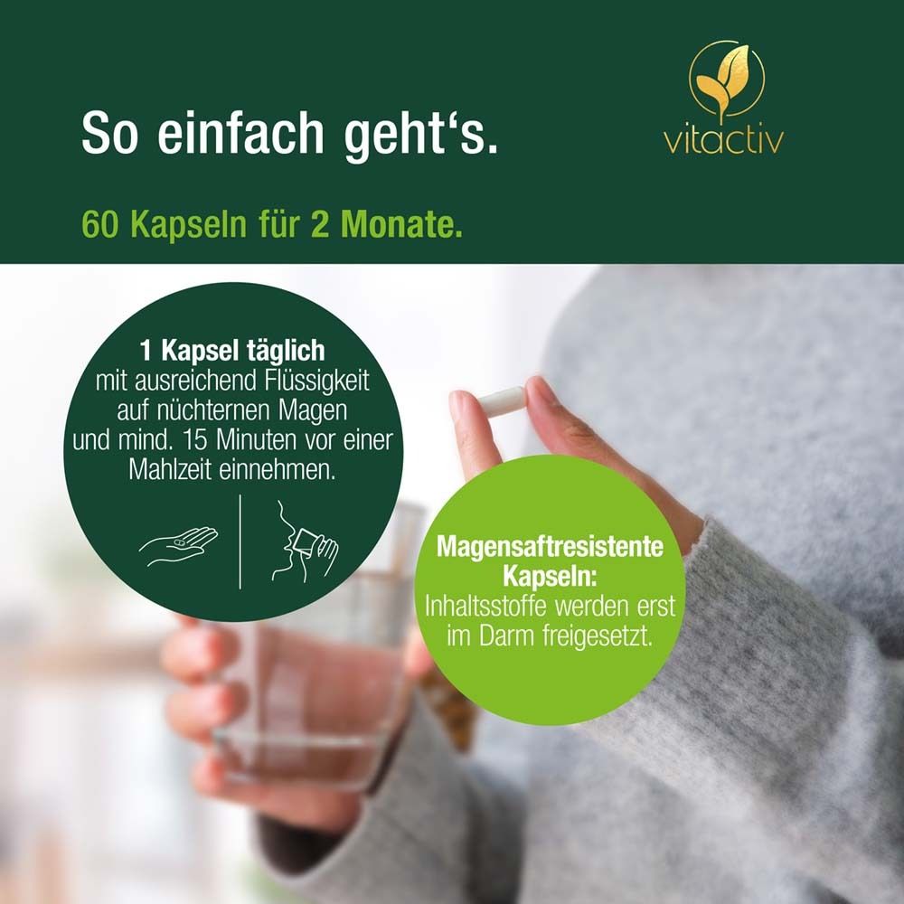 Person hält Kapsel und Glas Wasser. Text: 60 Kapseln für 2 Monate. Einnahmeempfehlung.