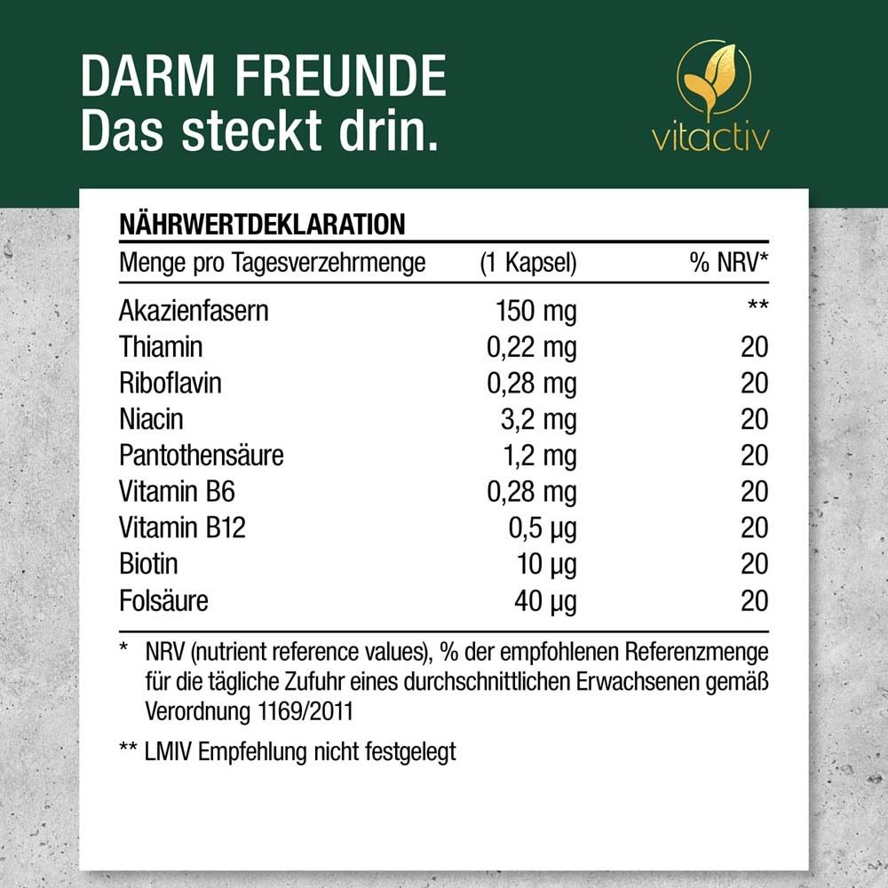 Nährwertdeklaration: Akazienfasern, Thiamin, Riboflavin, Niacin, Pantothensäure, Vitamin B6, B12, Biotin, Folsäure.