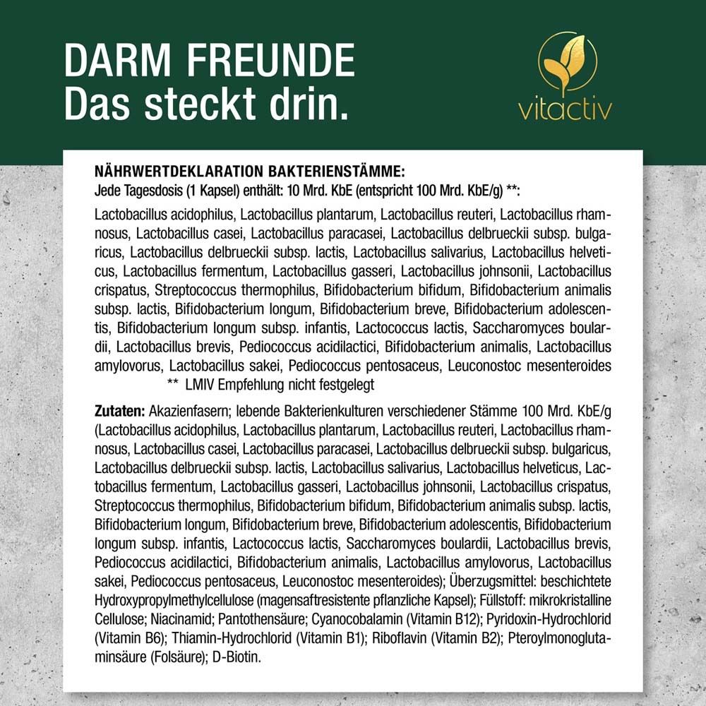 Nährwertdeklaration Bakterienstämme: Lactobacillus acidophilus, plantarum, reuteri, etc. Zutaten: Akazienfasern, lebende Bakterienkulturen.