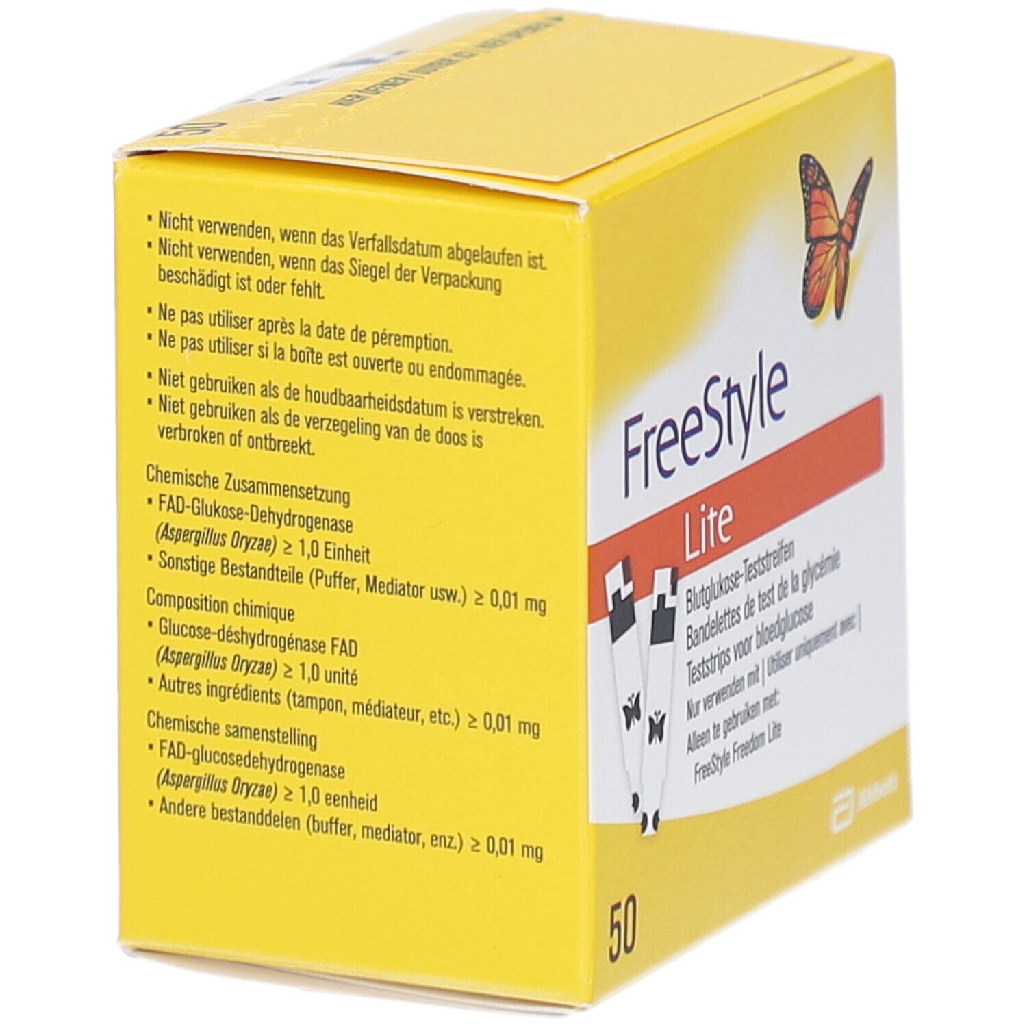 Gelbe Schachtel mit "FreeStyle Lite". Text über chemische Zusammensetzung und Inhaltsstoffe. Abbott-Logo.