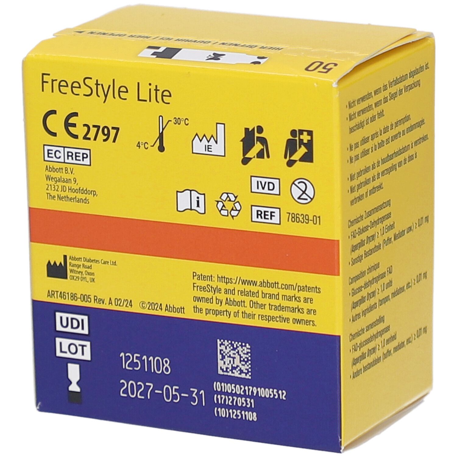 Gelbe Schachtel mit "FreeStyle Lite". CE-Kennzeichnung, Temperaturangaben, UDI-Code und Verfallsdatum. Abbott-Logo.
