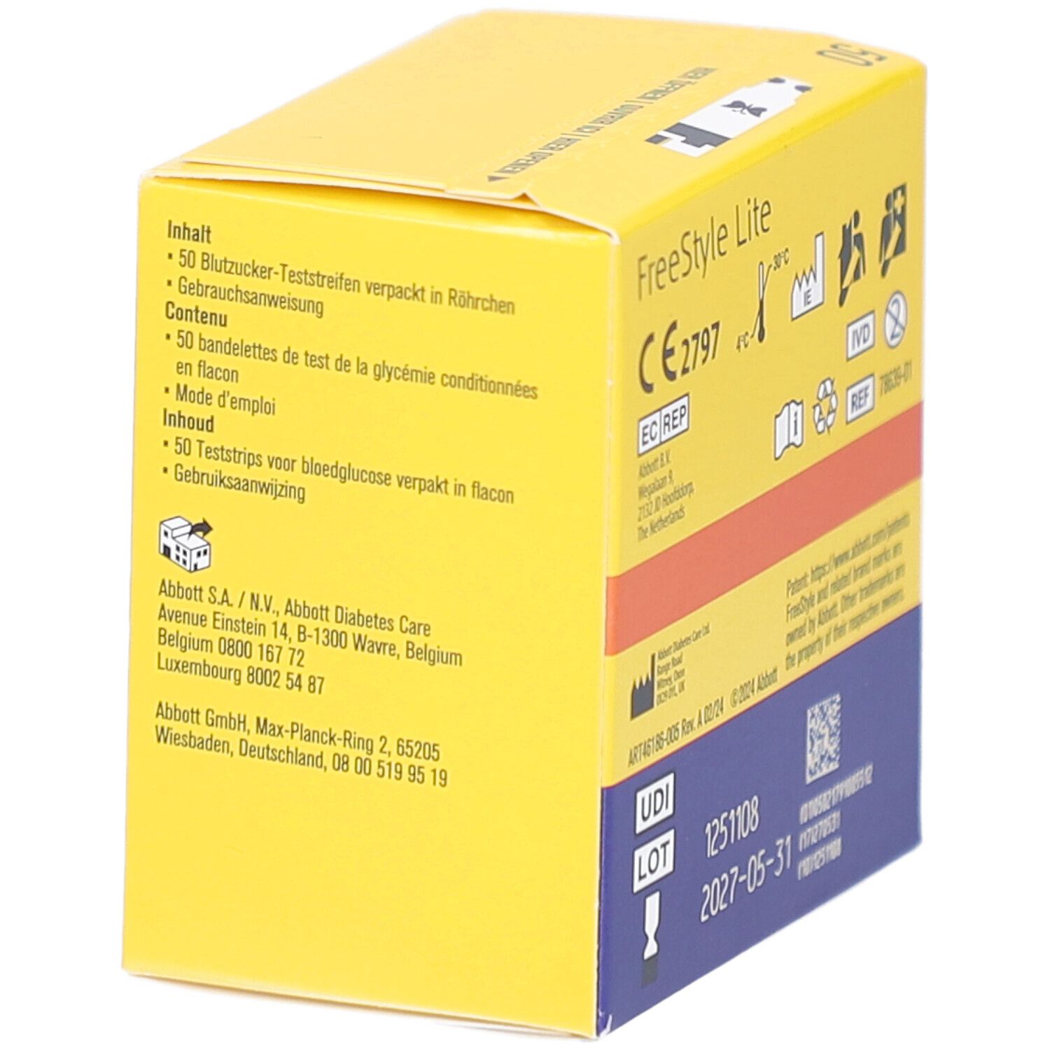 Gelbe Schachtel mit "FreeStyle Lite". Text über Inhalt und Gebrauchsanweisung. Abbott-Logo.