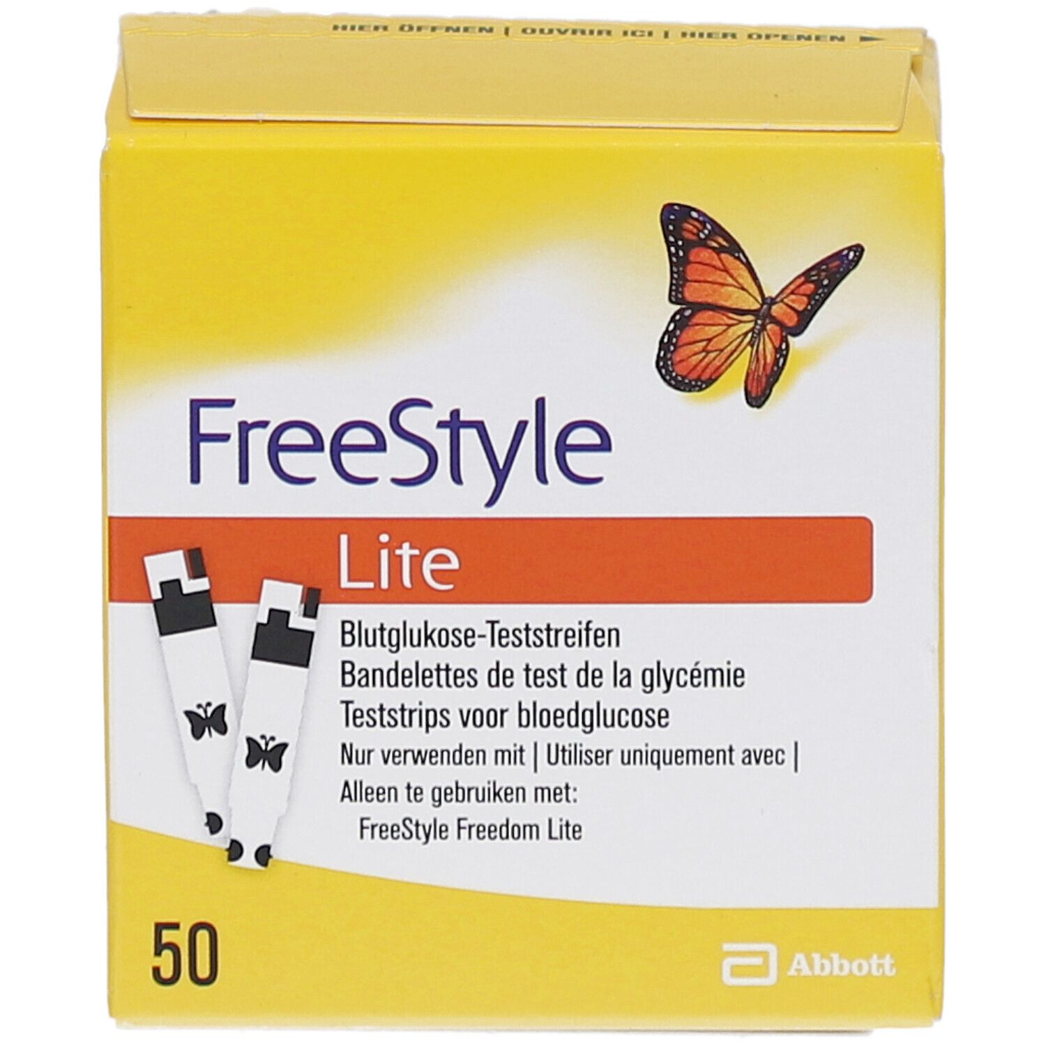 Gelbe Schachtel mit "FreeStyle Lite" und Teststreifen-Abbildung. Enthält 50 Teststreifen. Abbott-Logo.