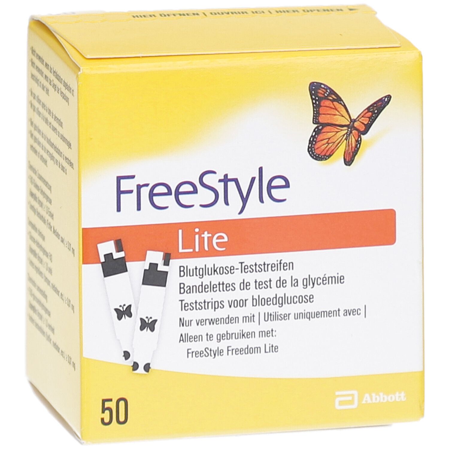 Gelbe Schachtel mit "FreeStyle Lite" und Teststreifen-Abbildung. Enthält 50 Teststreifen. Abbott-Logo.