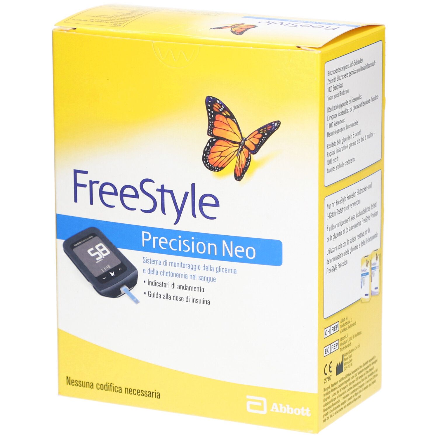 Gelbe Verpackung mit "FreeStyle Precision Neo"-Logo, Schmetterling, Messgerät-Abbildung und Text. Abbott-Logo.