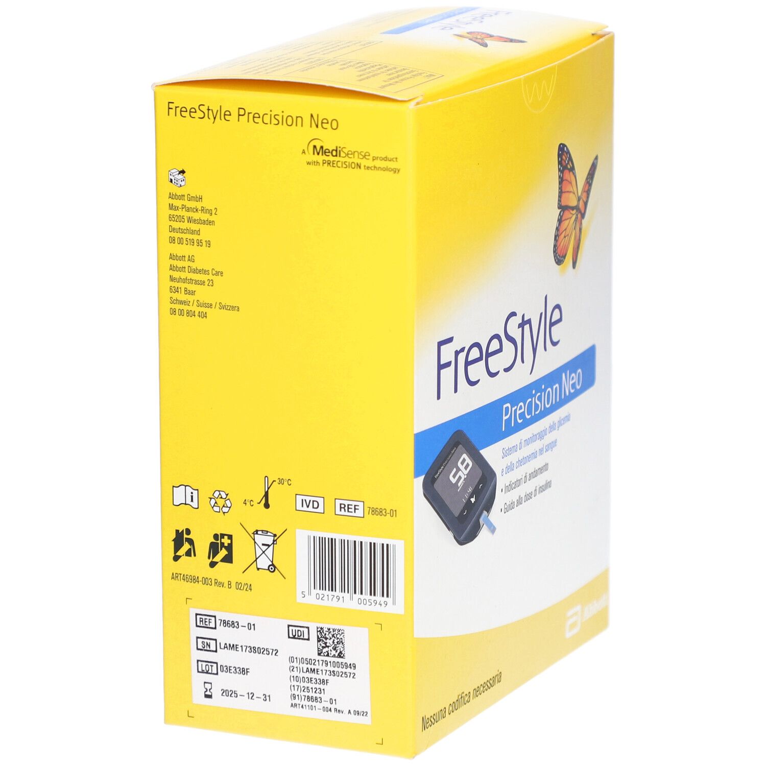 Gelbe Verpackung, "FreeStyle Precision Neo"-Logo, Schmetterling, Messgerät-Abbildung. Text und Logos, darunter Abbott.