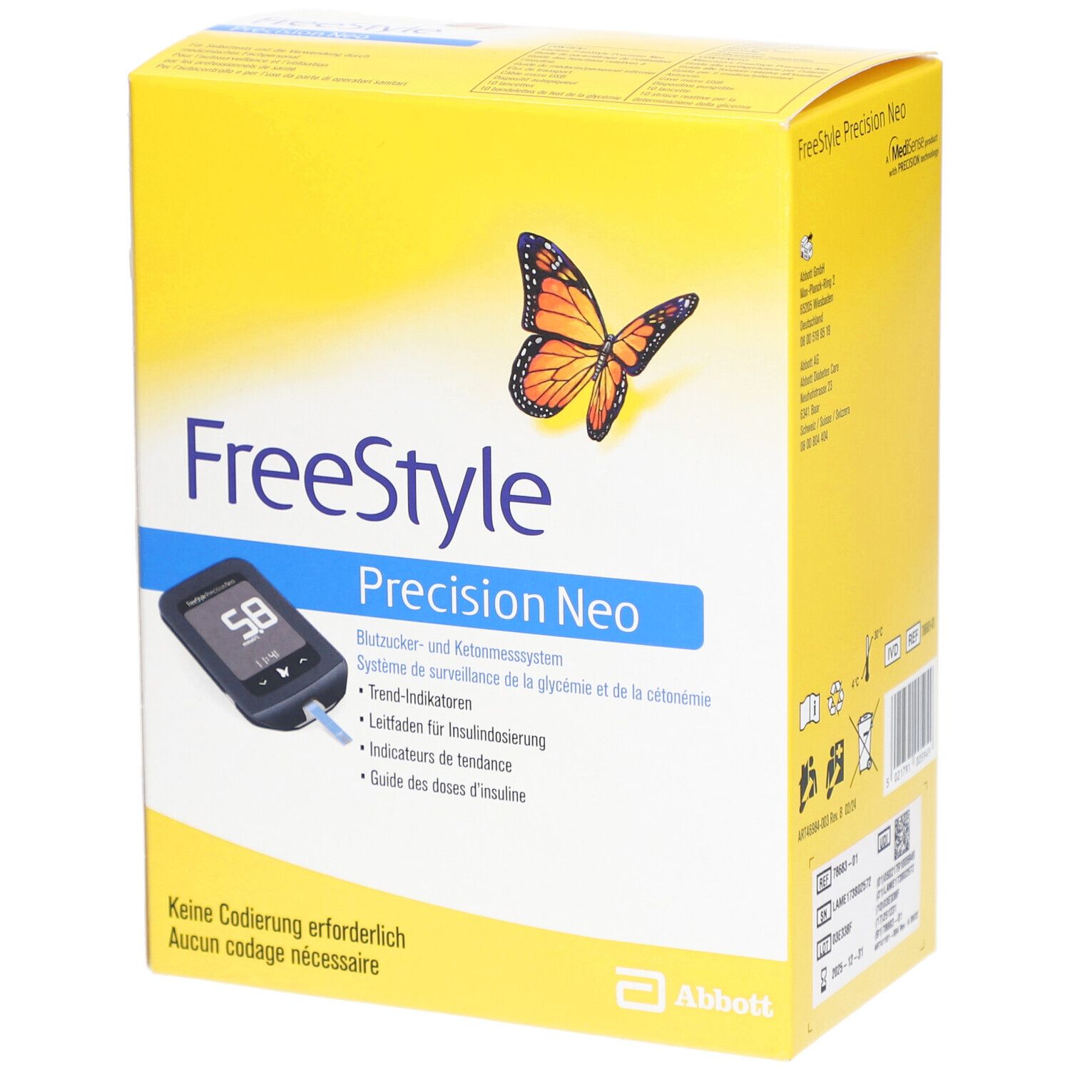 Gelbe Verpackung mit "FreeStyle Precision Neo"-Logo, Schmetterling, Messgerät-Abbildung und Text. Abbott-Logo.