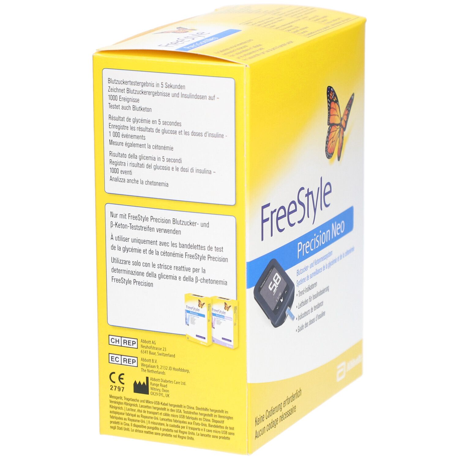 Gelbe Verpackung mit "FreeStyle Precision Neo"-Logo, Schmetterling, Messgerät-Abbildung und Text. Abbott-Logo.