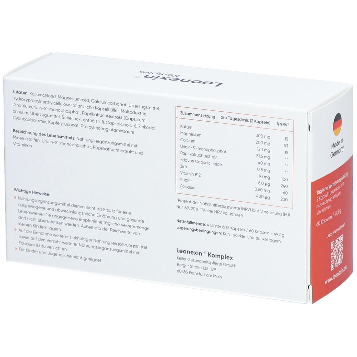 Rückseite der LEONEXIN Komplex Schachtel. Enthält Nährwertangaben und Inhaltsstoffe. Text: Nahrungsergänzungsmittel.