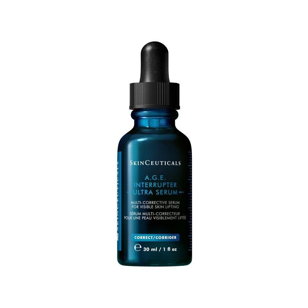 Dunkelblaue Flasche mit Serum. Aufschrift: SkinCeuticals A.G.E. Interrupter Ultra Serum. Mit Tropfer.