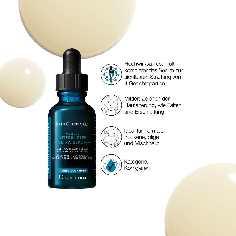 Serumflasche mit Text und Tropfen. Text: SkinCeuticals A.G.E. Interrupter Ultra Serum. Für normale, trockene, ölige und Mischhaut.