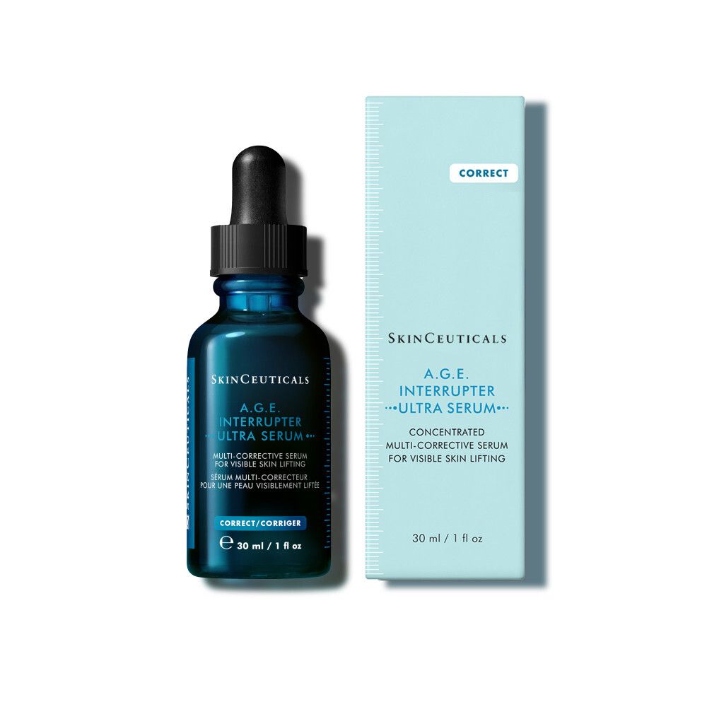 Produktverpackung. SkinCeuticals A.G.E. Interrupter Ultra Serum. Konzentriertes Multi-Corrective Serum. 30 ml / 1 fl oz.