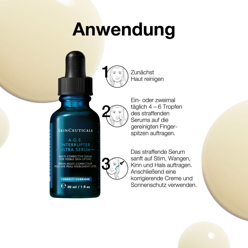 Anwendung des Serums. Schritte: Reinigen, 4-6 Tropfen auftragen, auftragen auf Stirn, Wangen, Kinn und Hals.