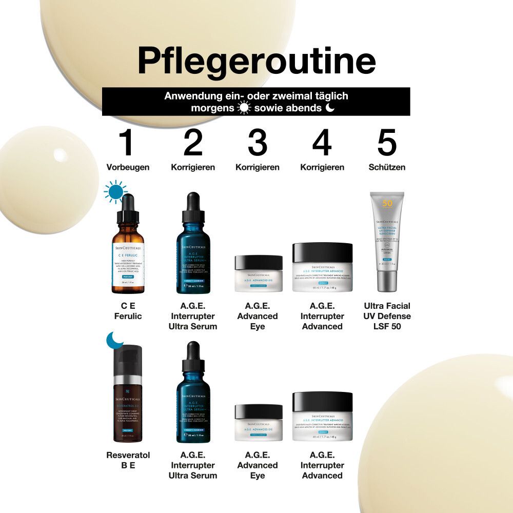 Pflegeroutine. Produkte: CE Ferulic, A.G.E. Interrupter Ultra Serum, A.G.E. Advanced Eye, A.G.E. Interrupter Advanced, Ultra Facial UV Defense LSF 50.