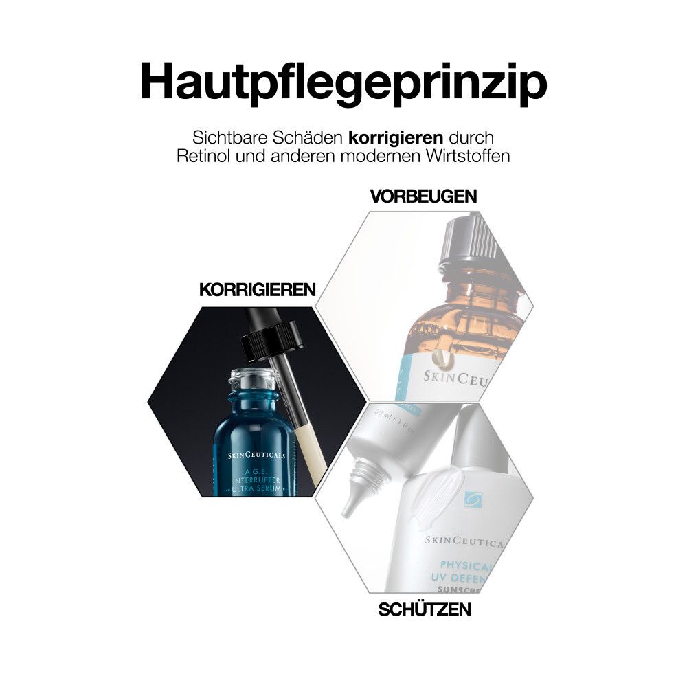 Hautpflegeprinzip. Produkte: A.G.E. Interrupter Ultra Serum, CE Ferulic, Physical UV Defense.