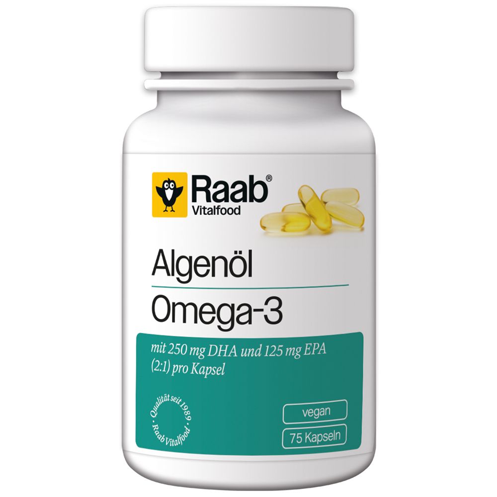 Weiße Flasche mit Kapseln. Aufschrift: Algenöl Omega-3, Raab Vitalfood. 75 Kapseln, vegan.