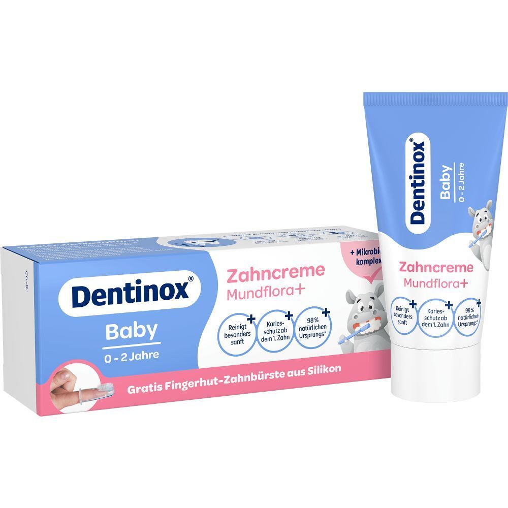 Dentinox Baby Zahncreme Mundflora+ Tube und Verpackung. Blaue Tube und Box mit Produktinformationen und Illustrationen.