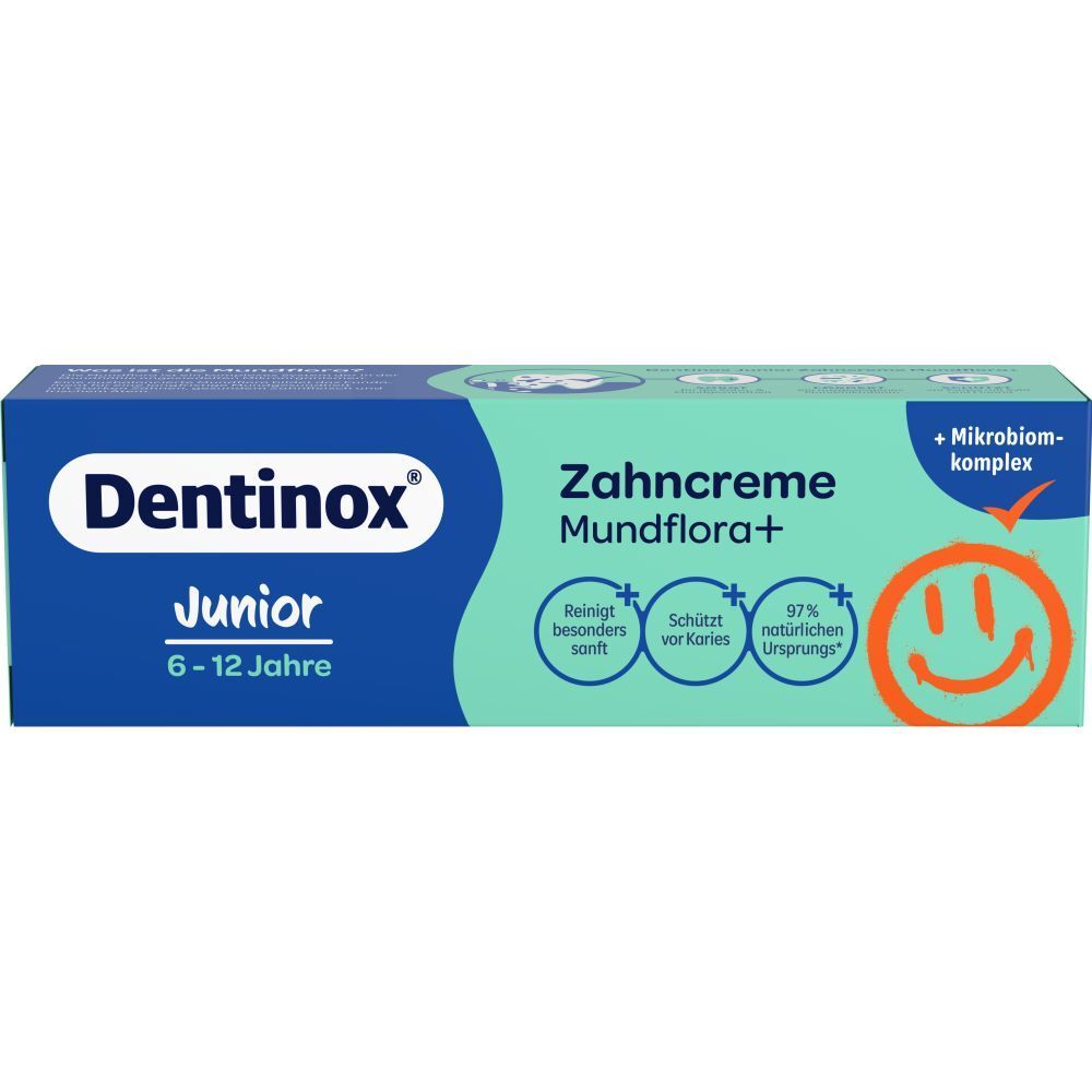 Zahncreme-Schachtel, Dentinox Junior, Mundflora+. Reinigt, schützt vor Karies. 6-12 Jahre.