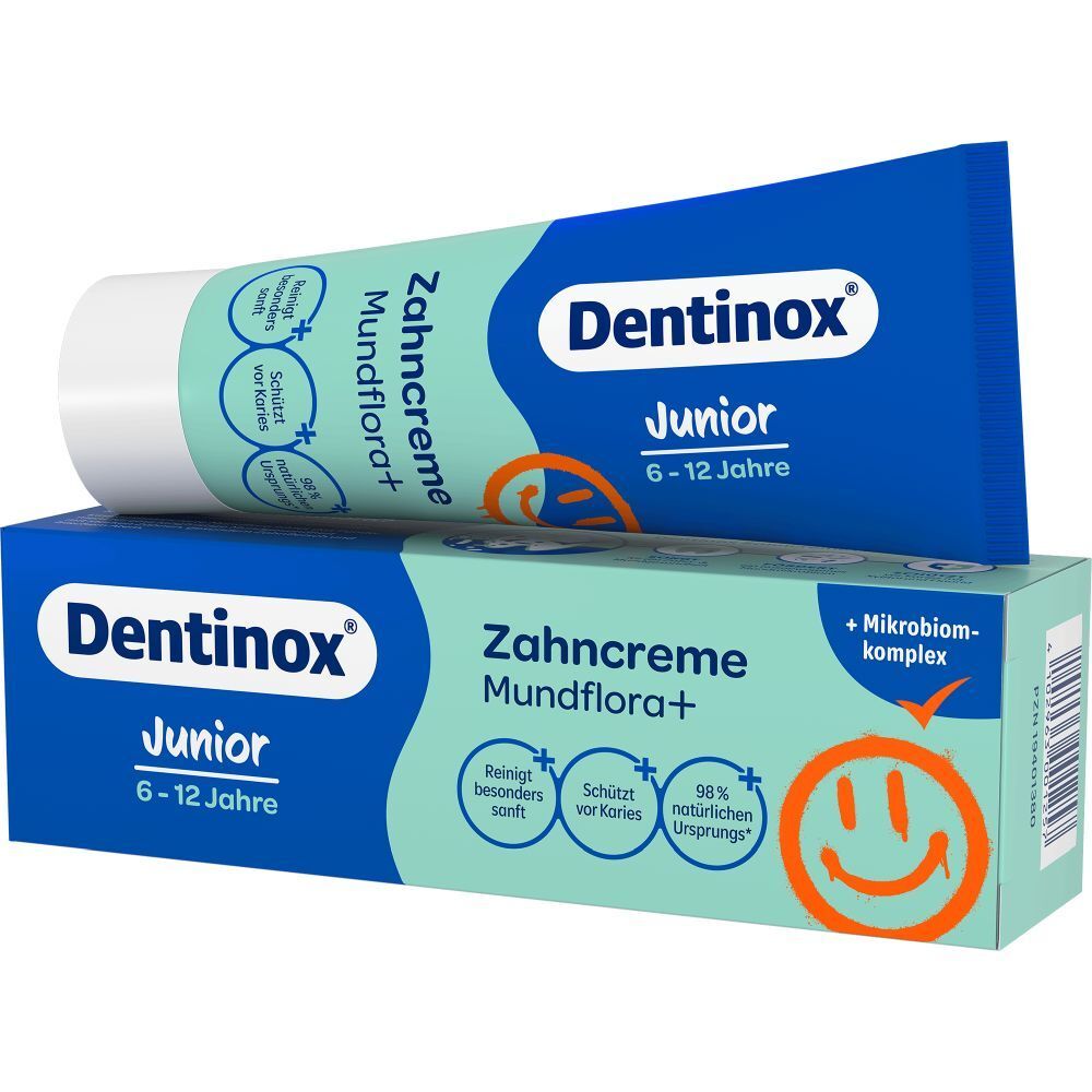 Zahncreme-Tube und -Schachtel, Dentinox Junior, Mundflora+. Reinigt, schützt vor Karies. 6-12 Jahre.