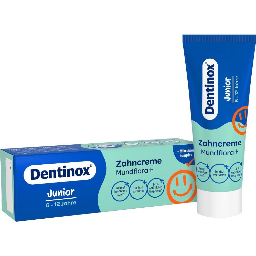 Zahncreme-Tube und -Schachtel, Dentinox Junior, Mundflora+. Reinigt, schützt vor Karies. 6-12 Jahre.