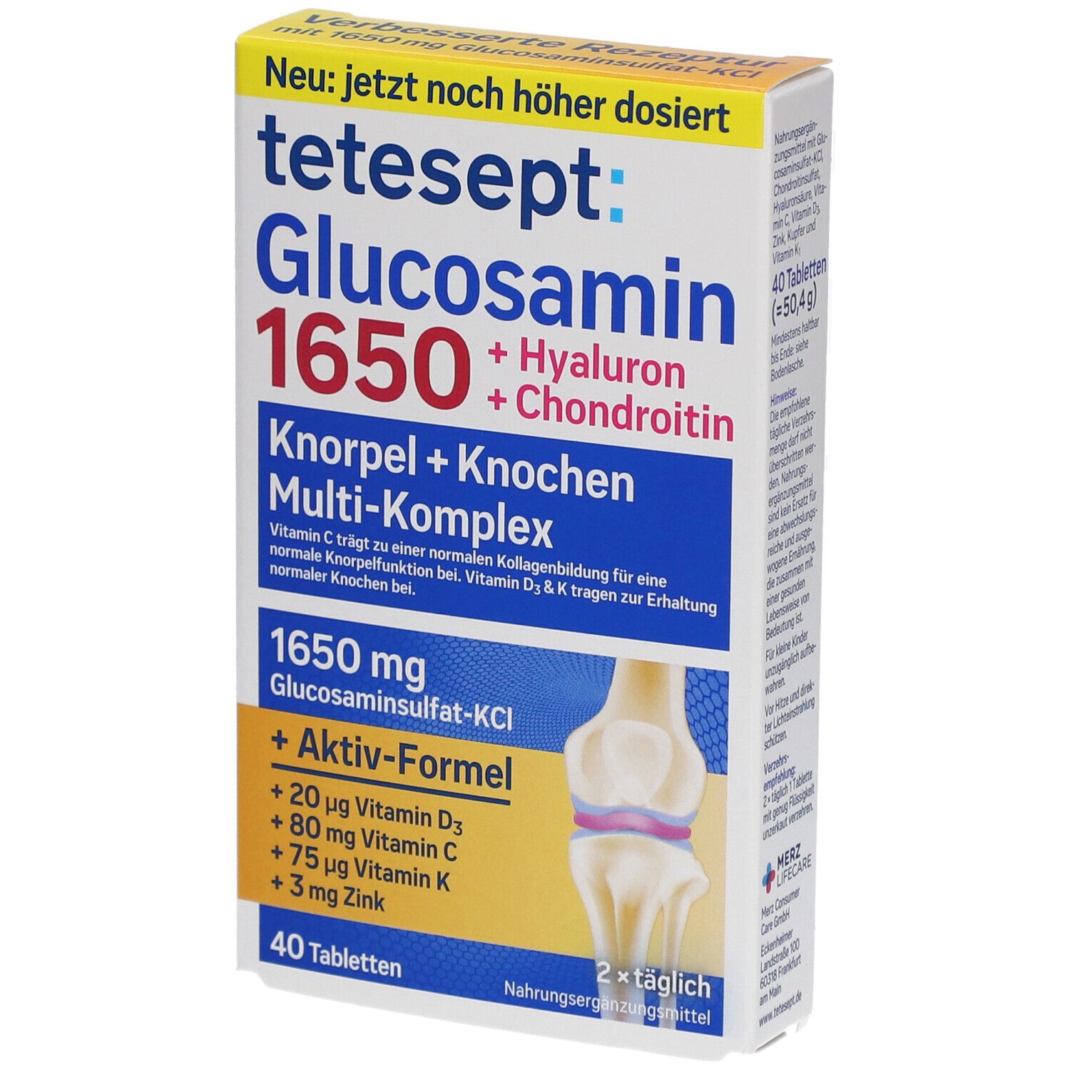 Schachtel tetesept Glucosamin 1650. Blaue und weiße Schrift. Enthält Hyaluron und Chondroitin. 40 Tabletten.