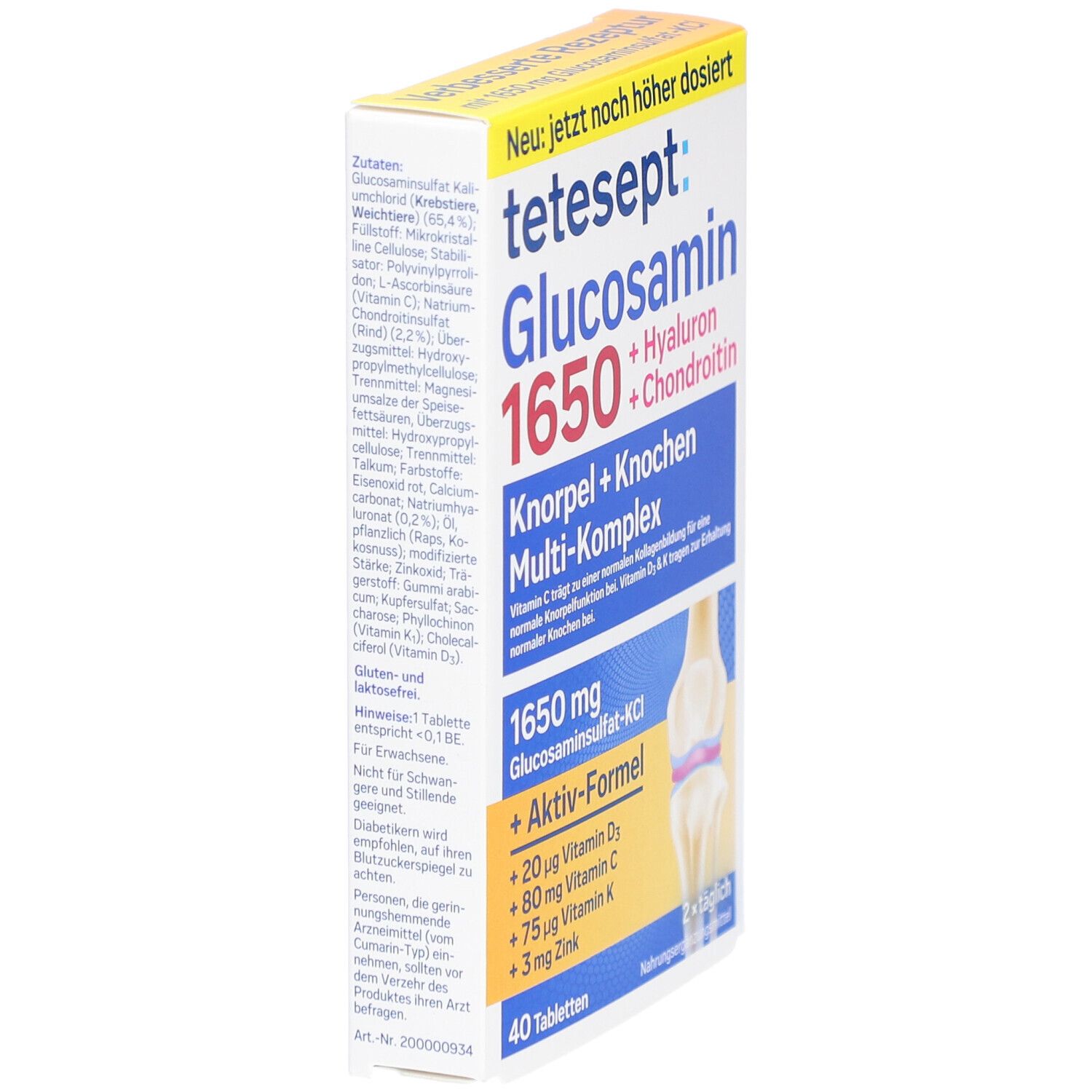 Schachtel tetesept Glucosamin 1650. Blaue und weiße Schrift. Enthält Hyaluron und Chondroitin. 40 Tabletten. Seitenansicht.