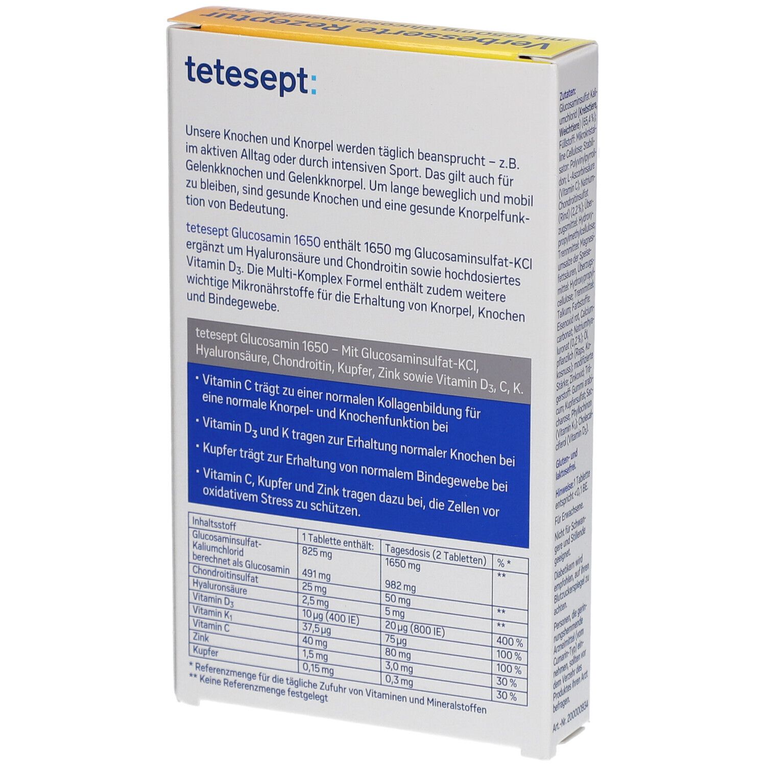Rückseite der Schachtel tetesept Glucosamin 1650. Enthält Informationen zu Inhaltsstoffen und Anwendung.