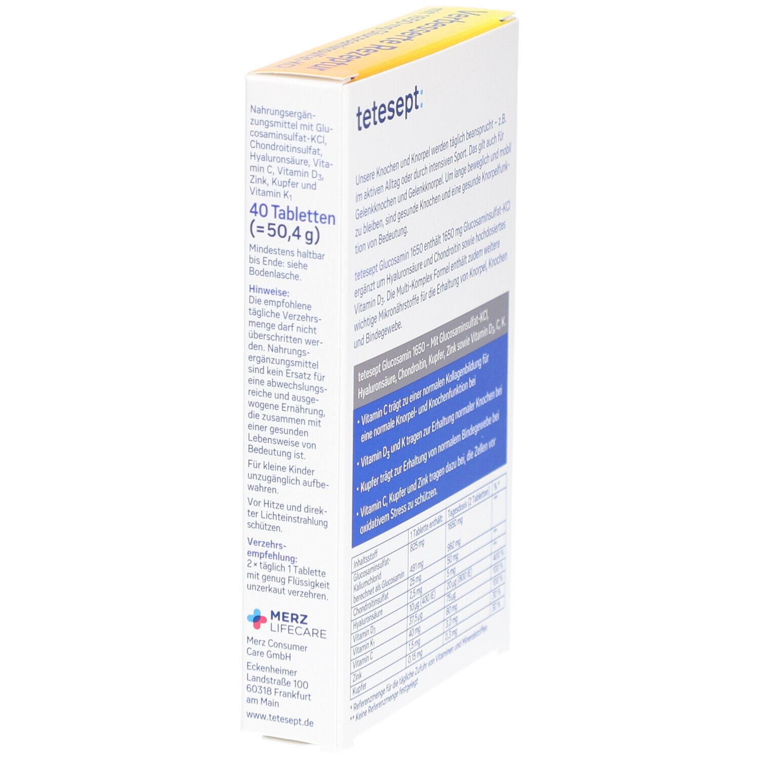 Schachtel tetesept Glucosamin 1650. Rückseite mit Informationen zu Inhaltsstoffen und Anwendung.