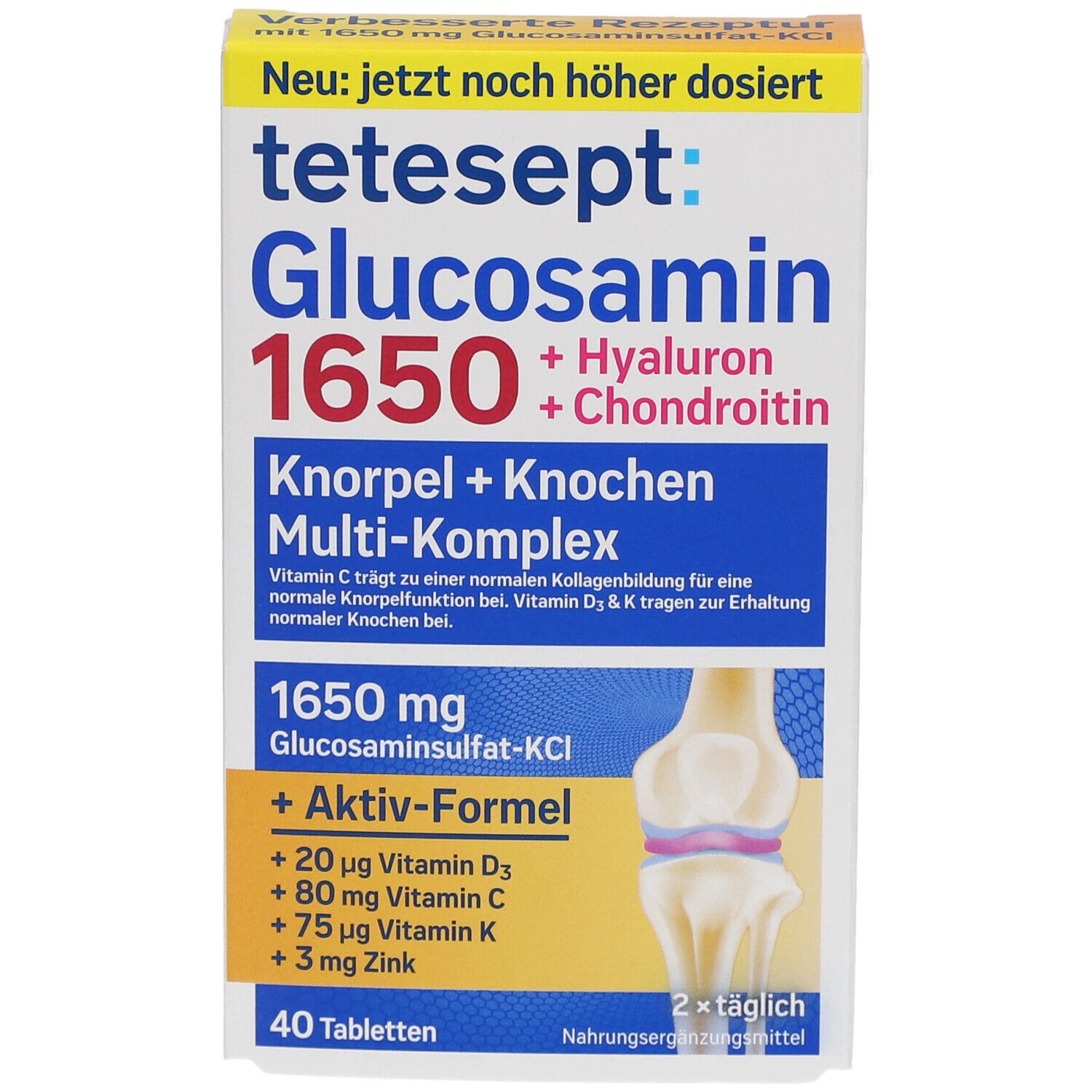 Schachtel tetesept Glucosamin 1650. Blaue und weiße Schrift. Enthält Hyaluron und Chondroitin. 40 Tabletten.