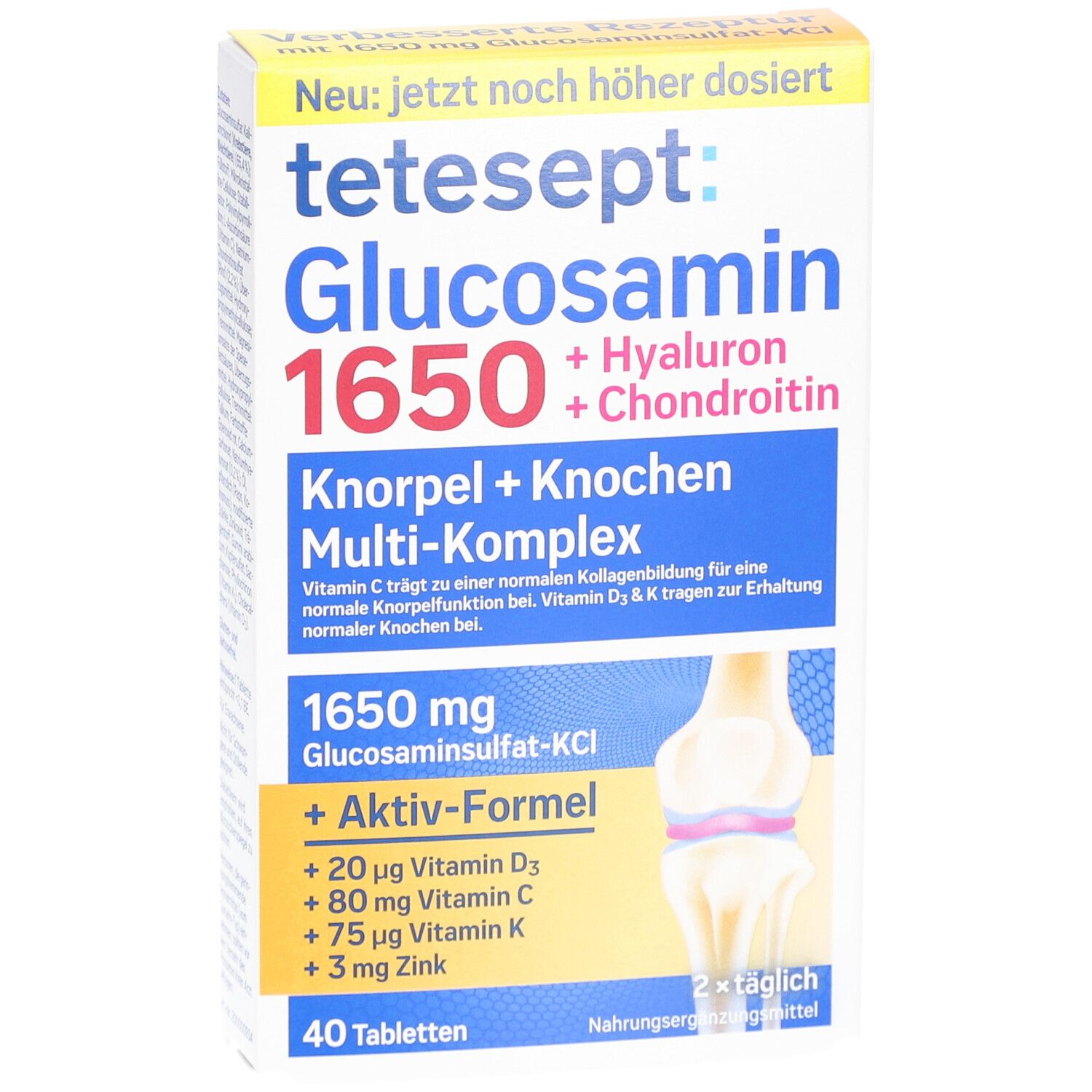 Schachtel tetesept Glucosamin 1650. Blaue und weiße Schrift. Enthält Hyaluron und Chondroitin. 40 Tabletten.
