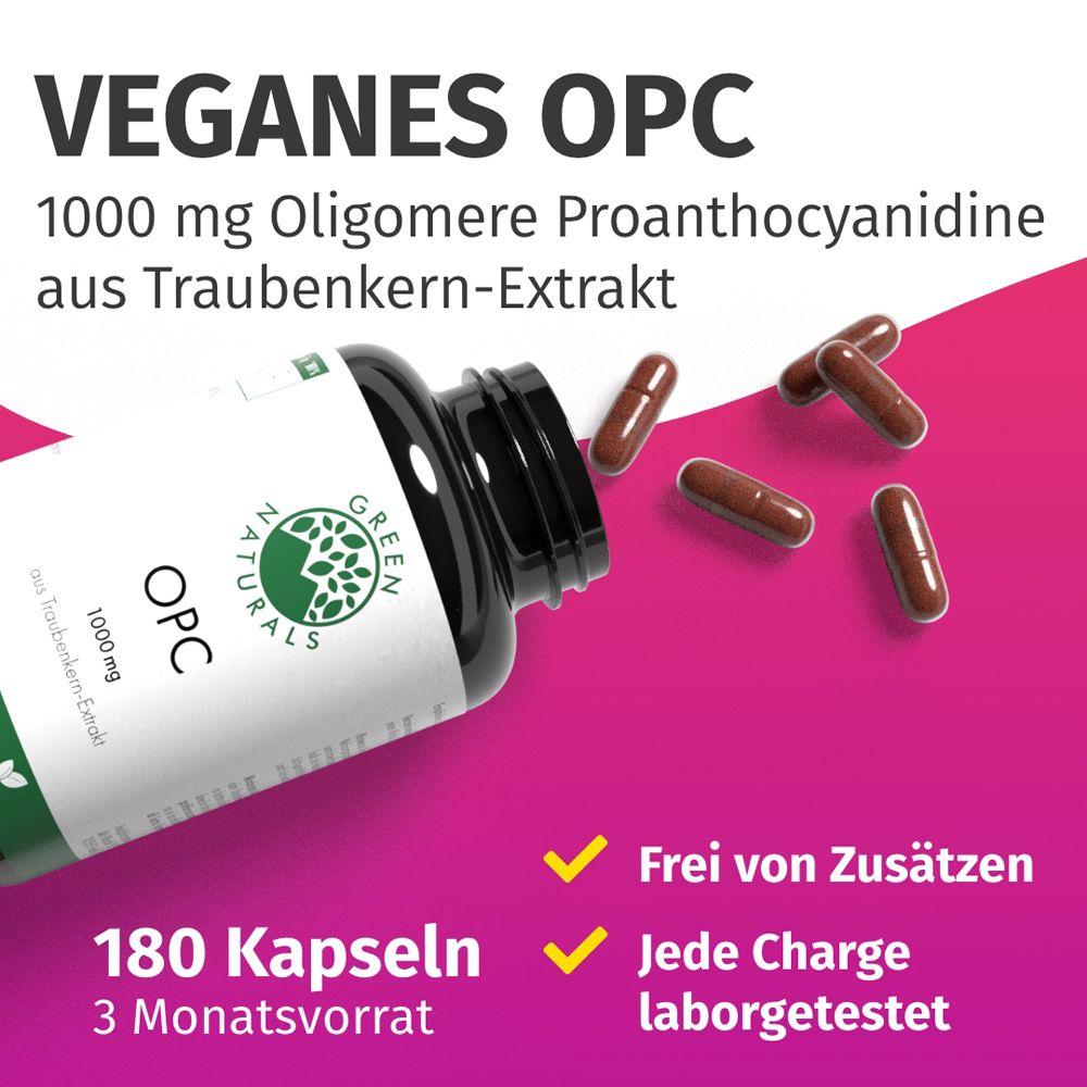 Veganes OPC 1000 mg aus Traubenkernextrakt, 180 Kapseln, laborgetestet.