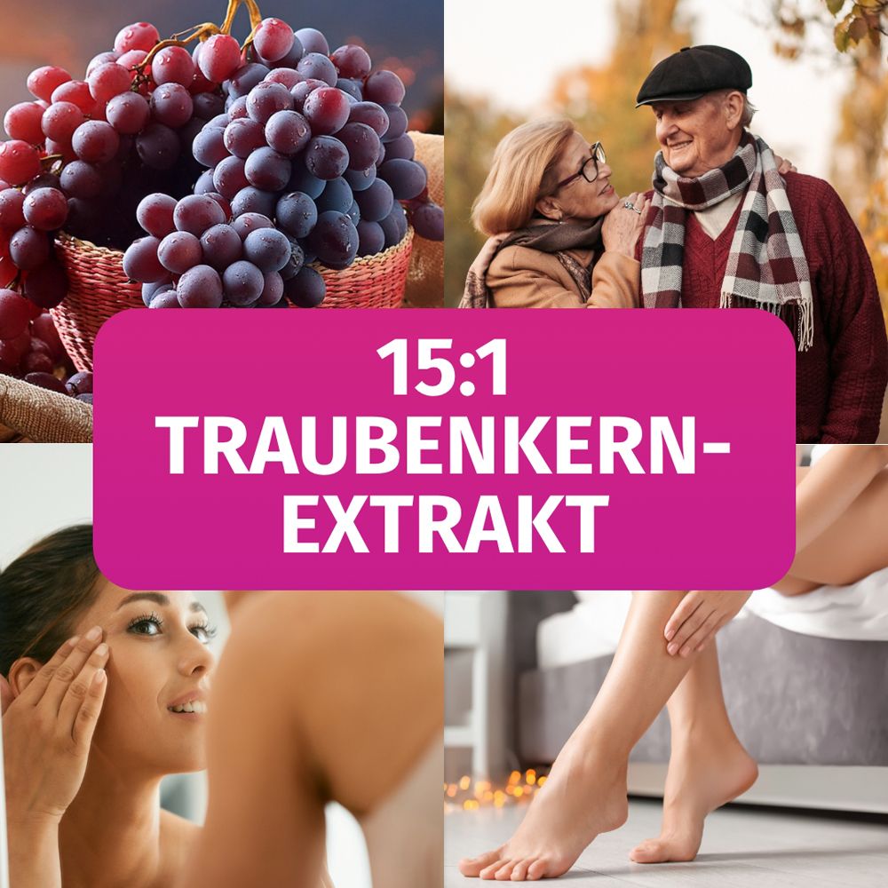 Collage: Trauben, älteres Paar, Frau blickt in Spiegel, Beine. "15:1 Traubenkern-Extrakt".