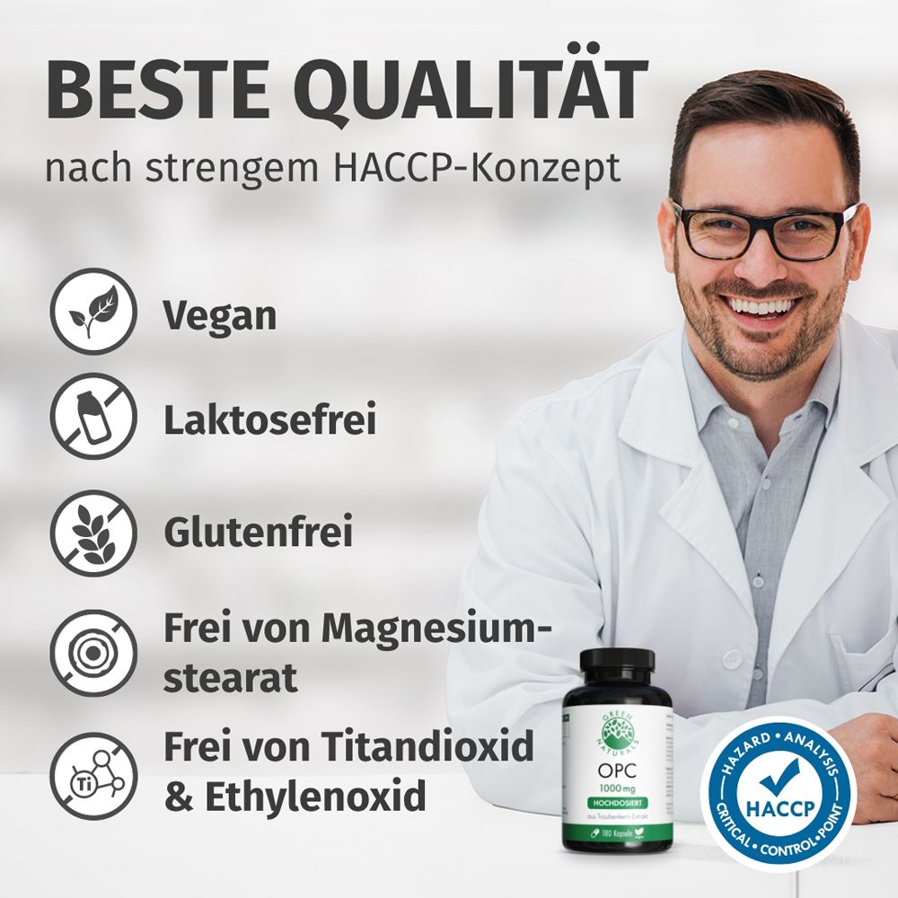 Mann im Arztkittel, Dose OPC. "Beste Qualität nach strengem HACCP-Konzept". Vegan, laktosefrei, glutenfrei.