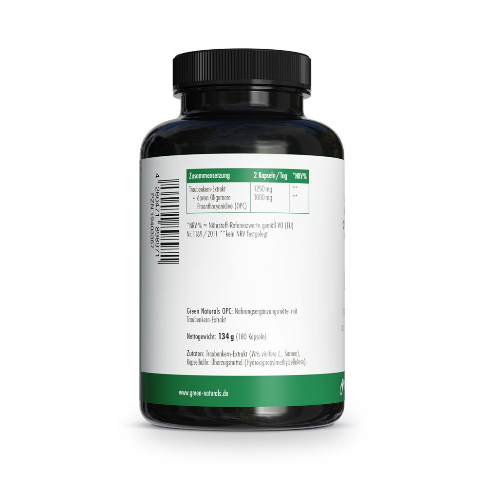Rückseite der Dose: Zusammensetzung, Nährwerte, Green Naturals OPC, Nettofüllmenge.