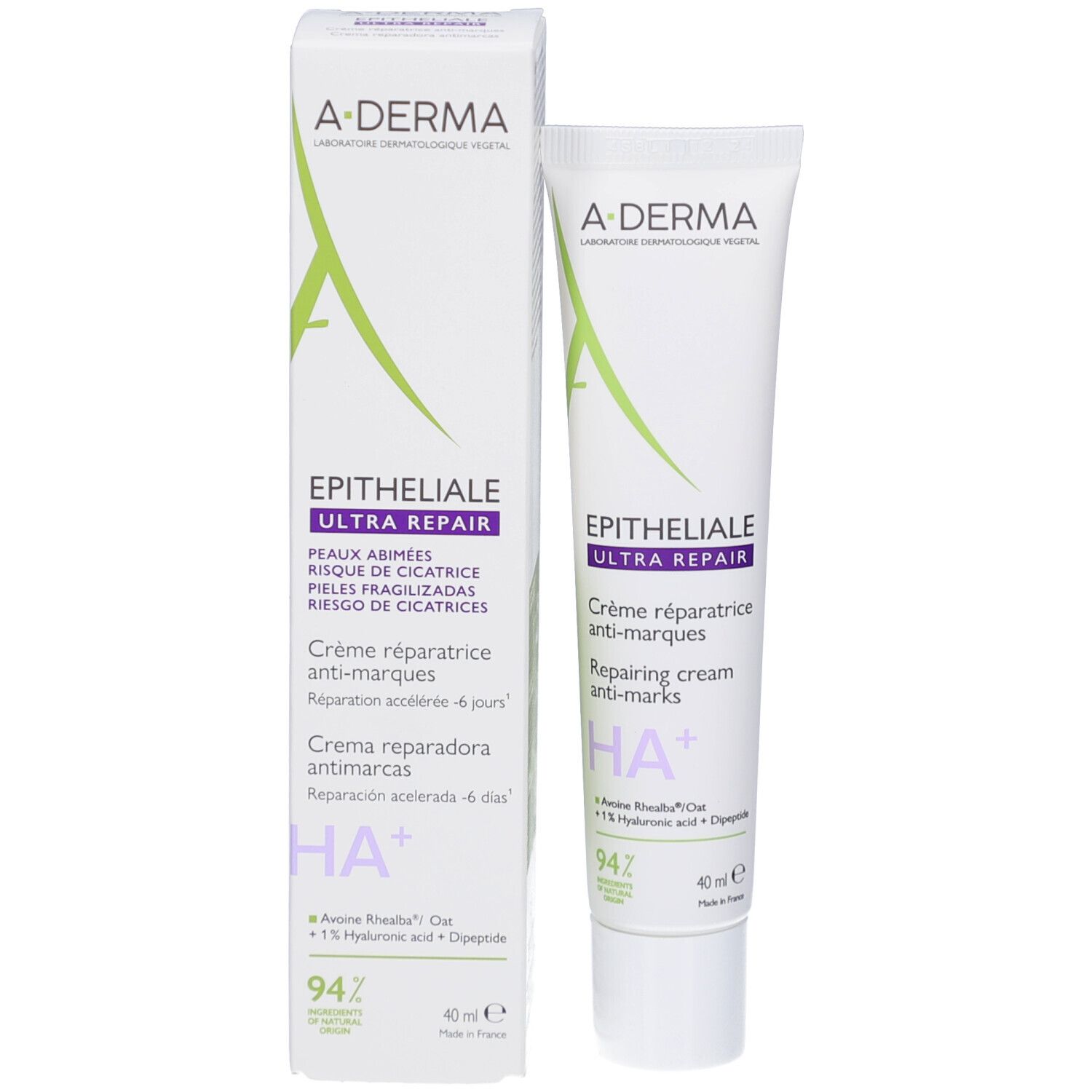 A-DERMA Epitheliale A.H Ultra Repair Creme und Verpackung. Weiß mit grünem Logo und Text. 40 ml.