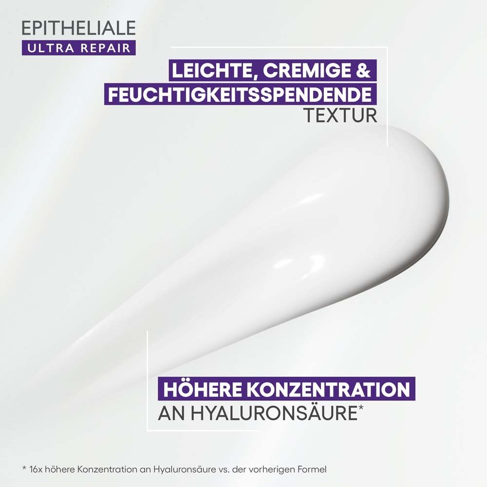 Weißes Creme-Produkt. Text: Leichte, cremige & feuchtigkeitsspendende Textur. Höhere Konzentration an Hyaluronsäure.