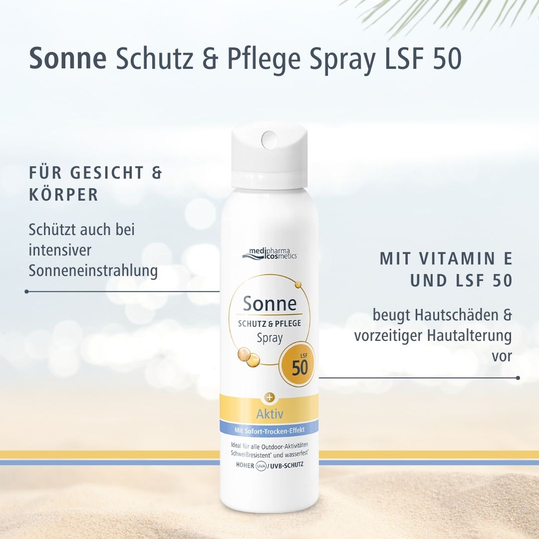 Sonne Schutz & Pflege Spray LSF 50. Für Gesicht & Körper. Mit Vitamin E und LSF 50. Schützt vor Hautschäden.