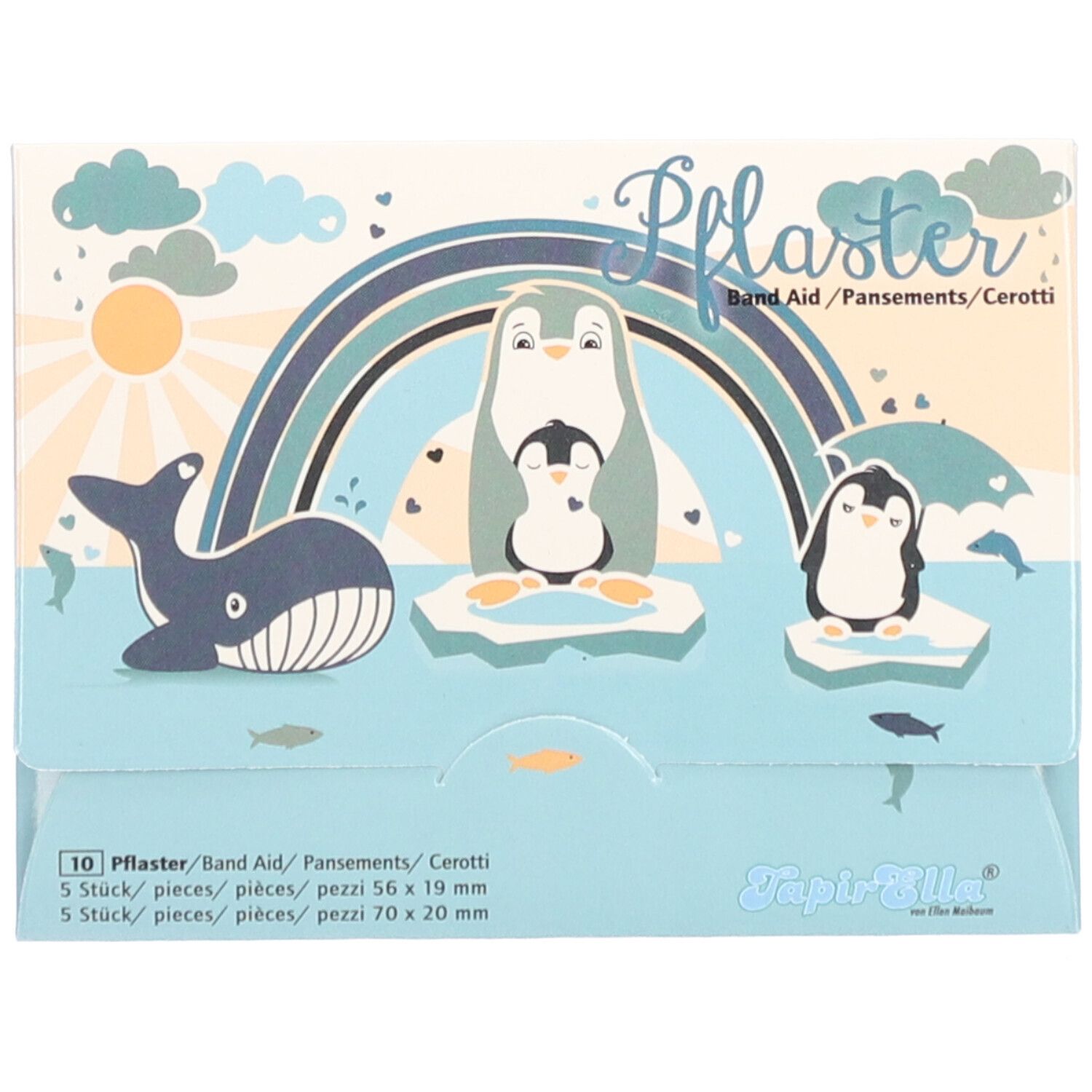 Verpackung mit Pflastern. Illustrationen von Wal, Pinguinen und Regenbogen. Enthält 10 Pflaster, 56 x 19 mm und 70 x 20 mm.