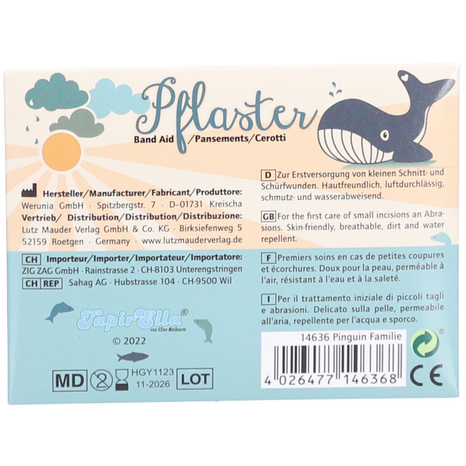 Rückseite der Pflasterverpackung. Textinformationen, darunter Hersteller, Vertrieb, Inhaltsstoffe und Zertifizierungen. Mit Wal-Illustration.