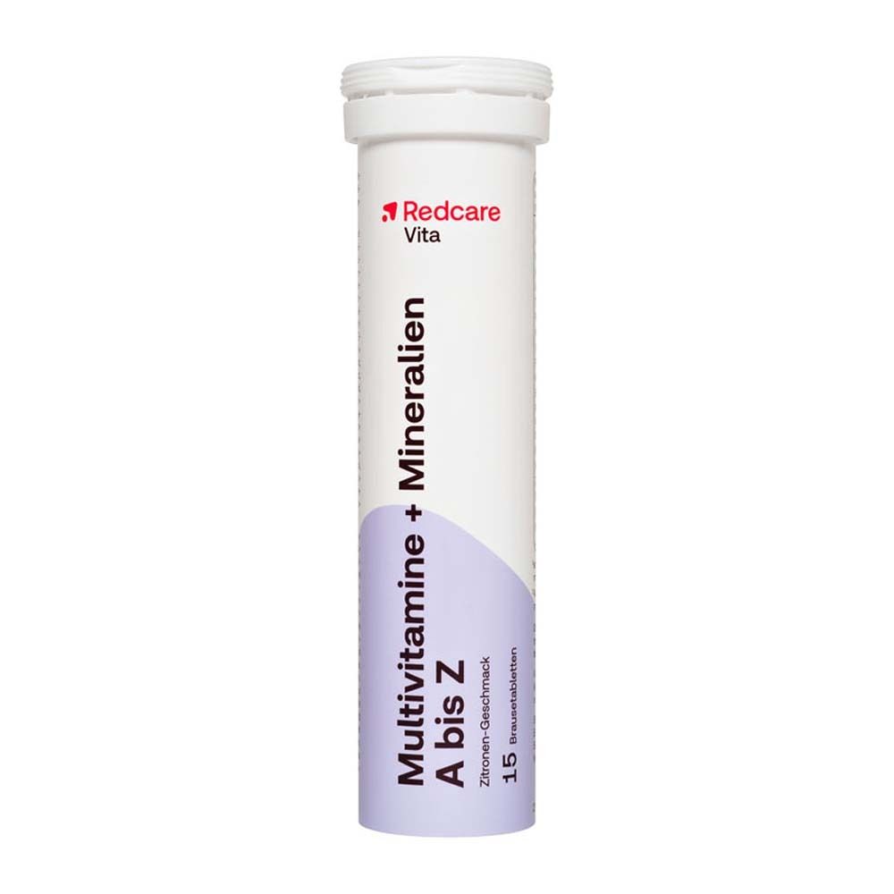 Brausetabletten-Tube mit Produktnamen und Logo. Aufschrift: Multivitamine + Mineralien A bis Z, 15 Brausetabletten.