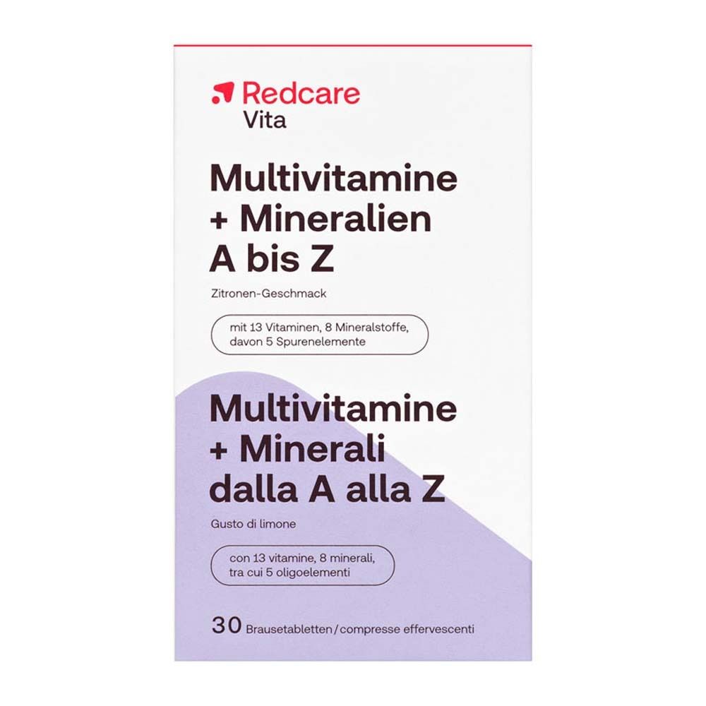 Produktverpackung mit Produktnamen und Logo. Aufschrift: Multivitamine + Mineralien A bis Z, 30 Brausetabletten.