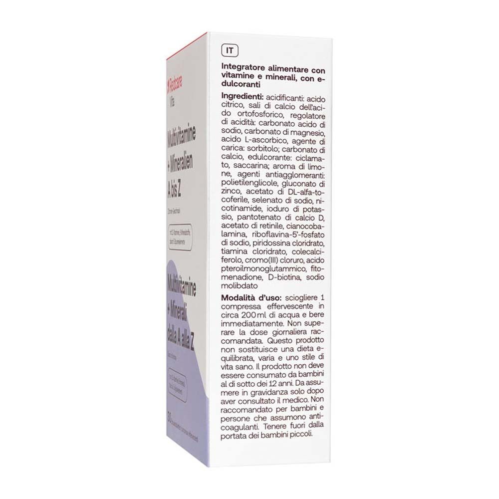 Produktverpackung, Seitenansicht mit Inhaltsangaben und Gebrauchsanweisung. Text in italienischer Sprache.