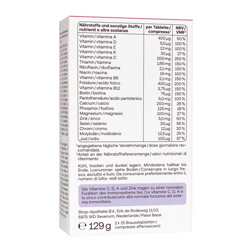 Produktverpackung, Rückseite mit Nährwerttabelle und weiteren Informationen. Text in mehreren Sprachen.
