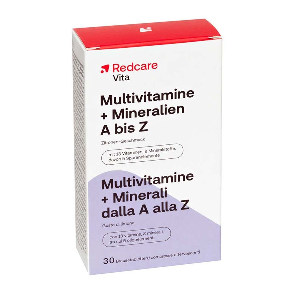 Produktverpackung mit Produktnamen und Logo. Aufschrift: Multivitamine + Mineralien A bis Z, 30 Brausetabletten.