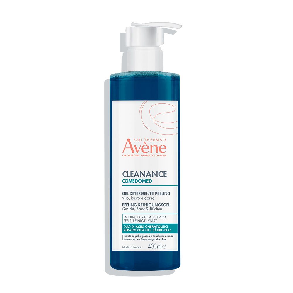 Blaues Gel in einer Flasche mit Pumpe. Aufschrift: Eau Thermale Avène, Cleanance Comedomed, Gel detergente peeling.