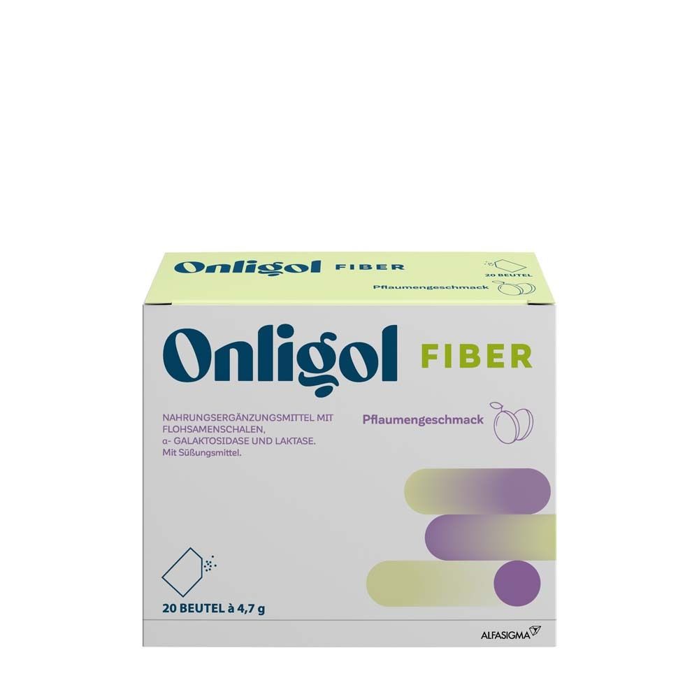 Onligol Fiber-Verpackung. Weißer Karton mit Produktnamen und Inhaltsangaben. 20 Beutel à 4,7 g.