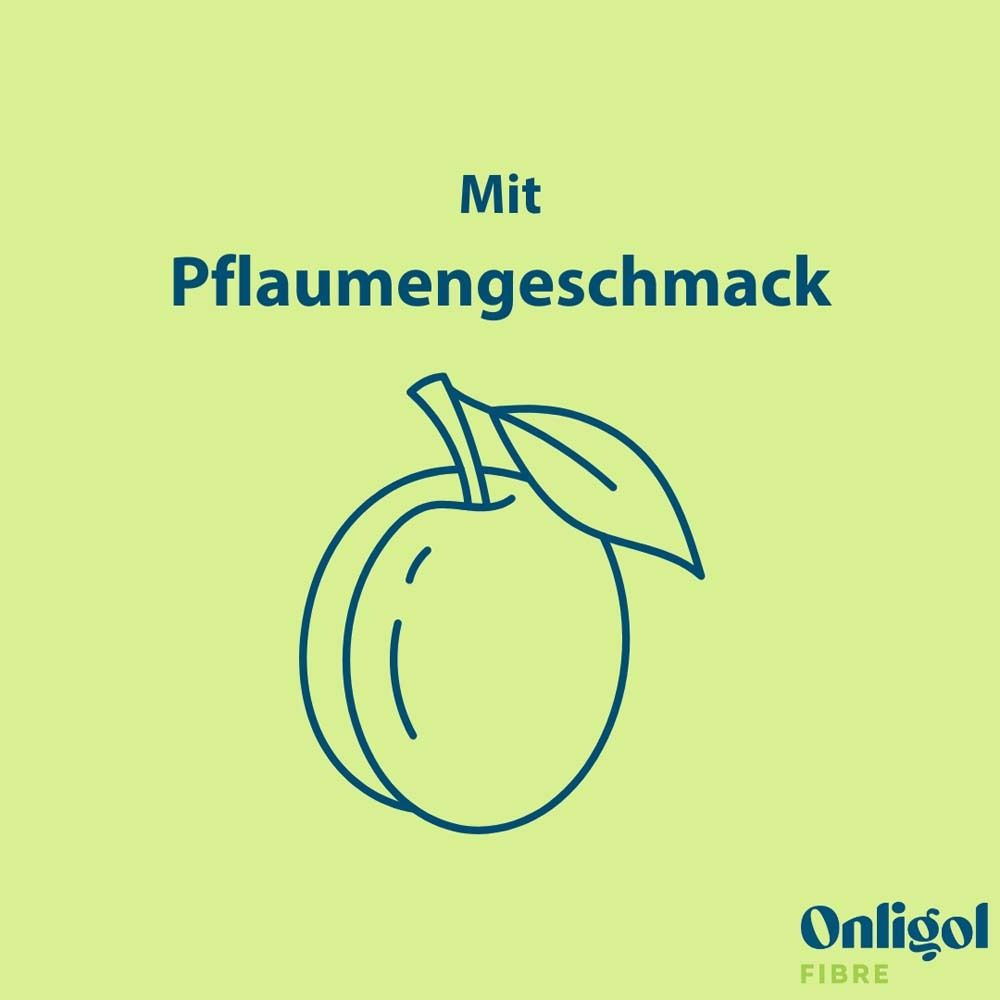 Grafik einer Pflaume mit Blatt. Text: Mit Pflaumengeschmack. Onligol Fibre Logo.