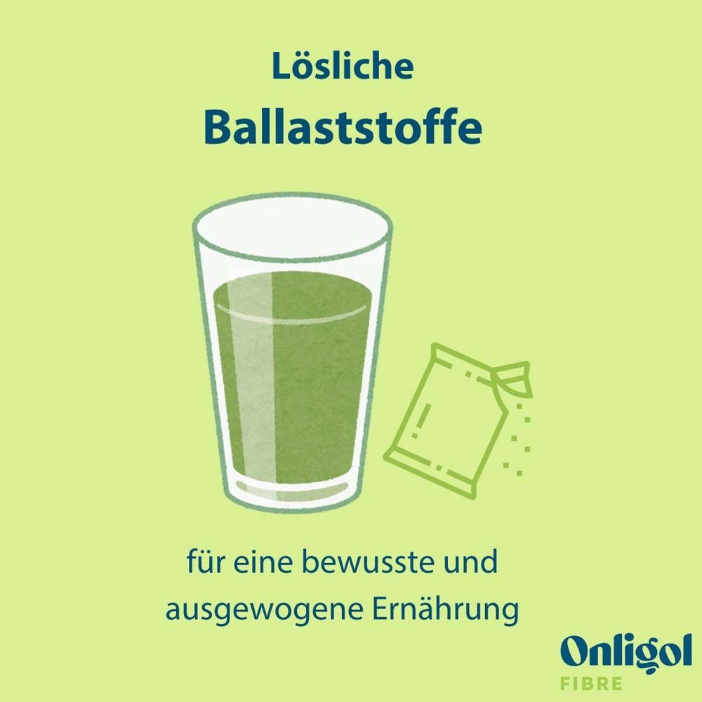 Glas mit grüner Flüssigkeit und Beutel. Text: Lösliche Ballaststoffe. Für bewusste Ernährung. Onligol Fibre Logo.