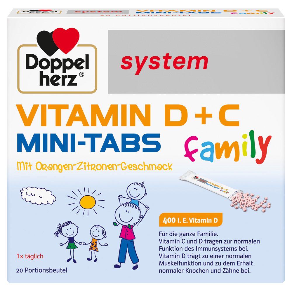 Verpackung von Doppelherz system VITAMIN D + C MINI-TABS family. Enthält 20 Portionsbeutel. Mit Orangen-Zitronen-Geschmack.
